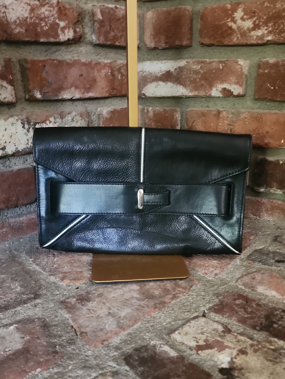 Pour La Victoire Black Leather Envelope Clutch Belt Detail Foldover Handbag